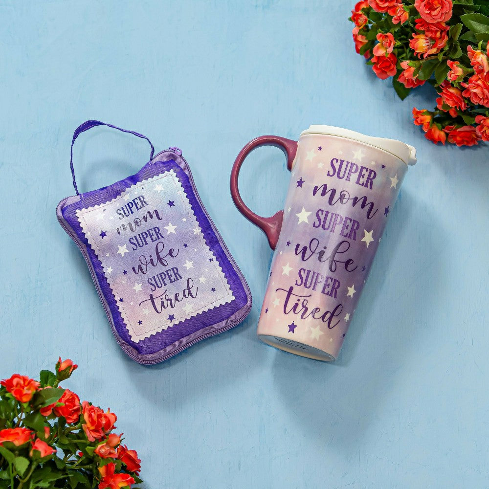 Super Mom Super Wife Super Tired Ceramic Perfect Cup and Compact Tote  | Plow & Hearth