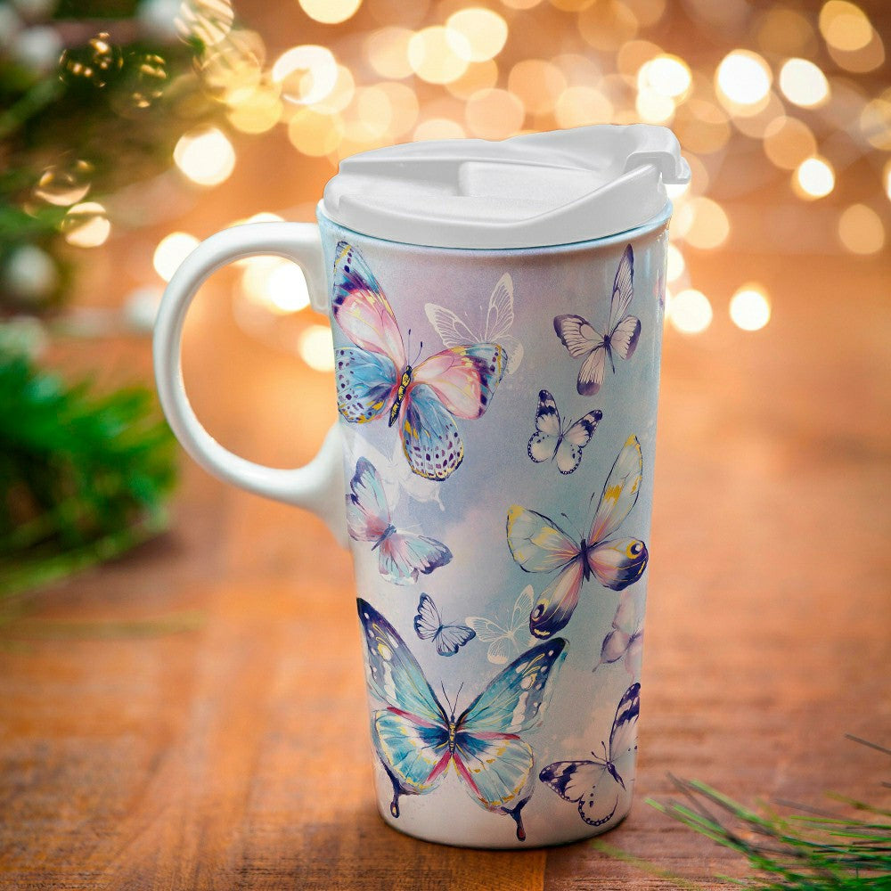 Season To Sparkle Travel Cup Ceramic Perfect Cup, Butterfly, 17oz, Gif | Plow & Hearth