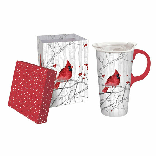 Snowbirds Travel Cup Ceramic Perfect Cup, Perching Cardinal, 17oz, Gif | Plow & Hearth