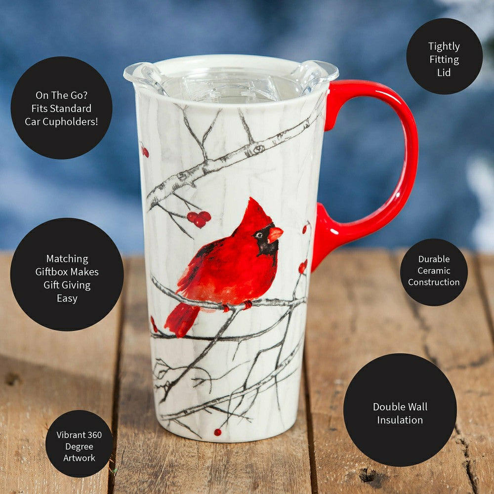 Snowbirds Travel Cup Ceramic Perfect Cup, Perching Cardinal, 17oz, Gif | Plow & Hearth