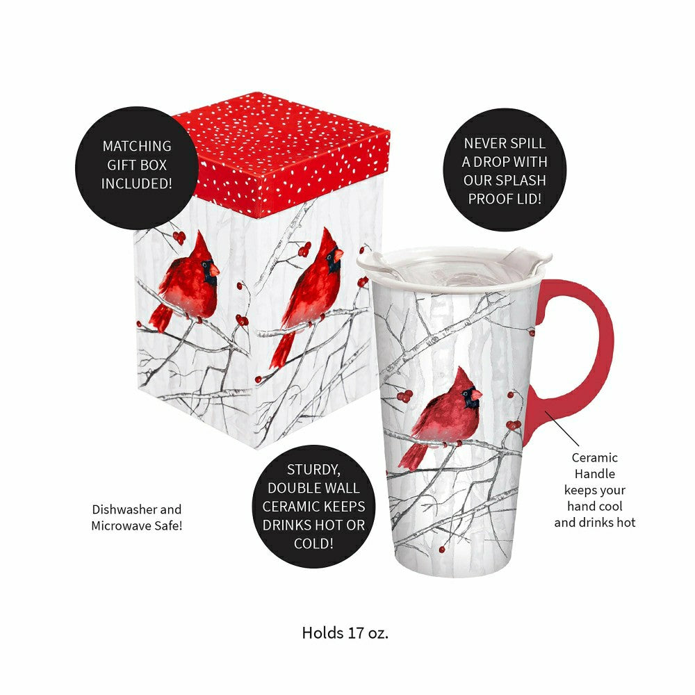 Snowbirds Travel Cup Ceramic Perfect Cup, Perching Cardinal, 17oz, Gif | Plow & Hearth
