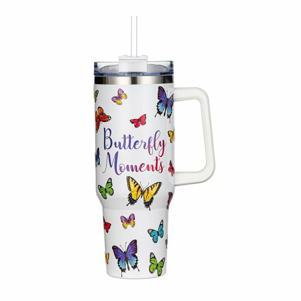 Cottage Garden Tumbler Stainless-Steel Canyon Cup w/ Straw, Butterfly  | Plow & Hearth