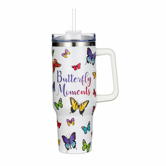 Cottage Garden Tumbler Stainless-Steel Canyon Cup w/ Straw, Butterfly  | Plow & Hearth