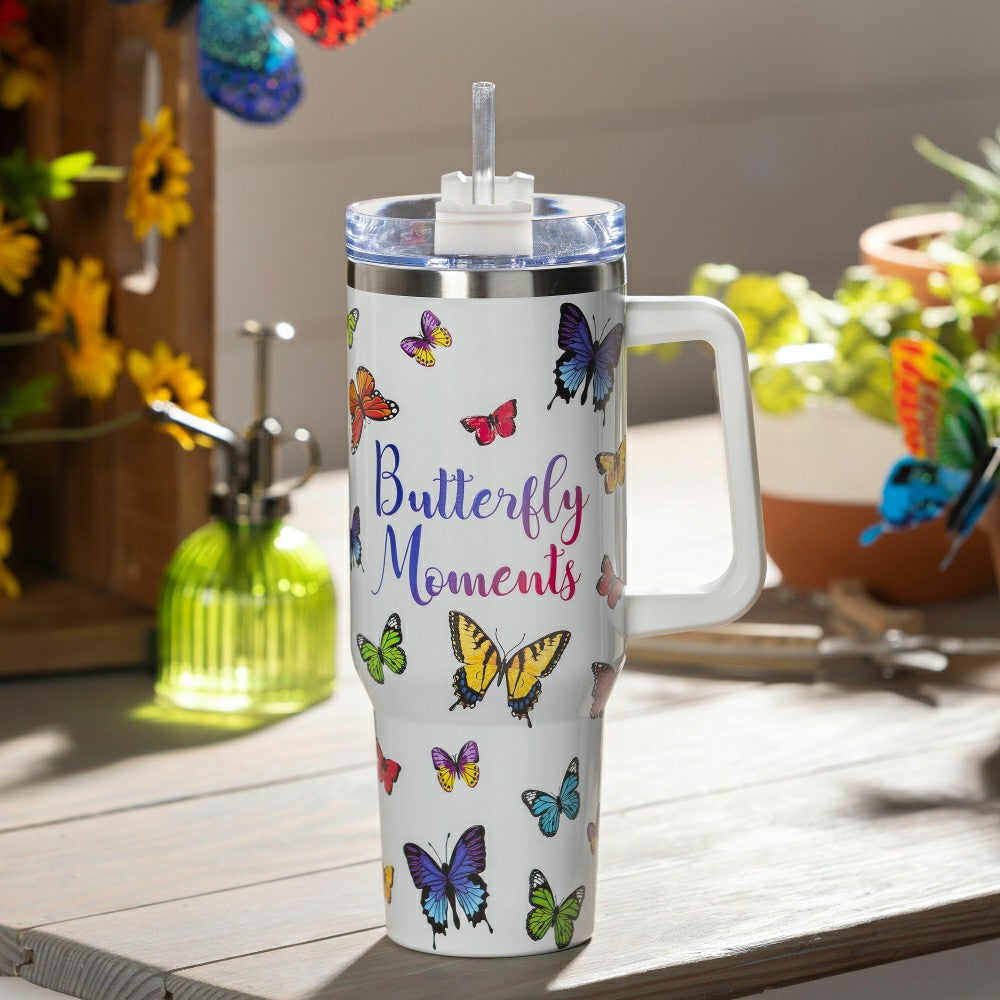 Cottage Garden Tumbler Stainless-Steel Canyon Cup w/ Straw, Butterfly  | Plow & Hearth