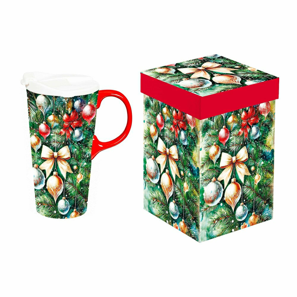 Twas The Night Travel Cup Ceramic Perfect Cup, Tree with Ornaments, 17 | Plow & Hearth