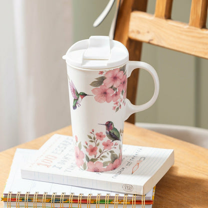 Cottage Garden Travel Cup Ceramic Perfect Cup, 17oz, Floral Hummingbir | Plow & Hearth
