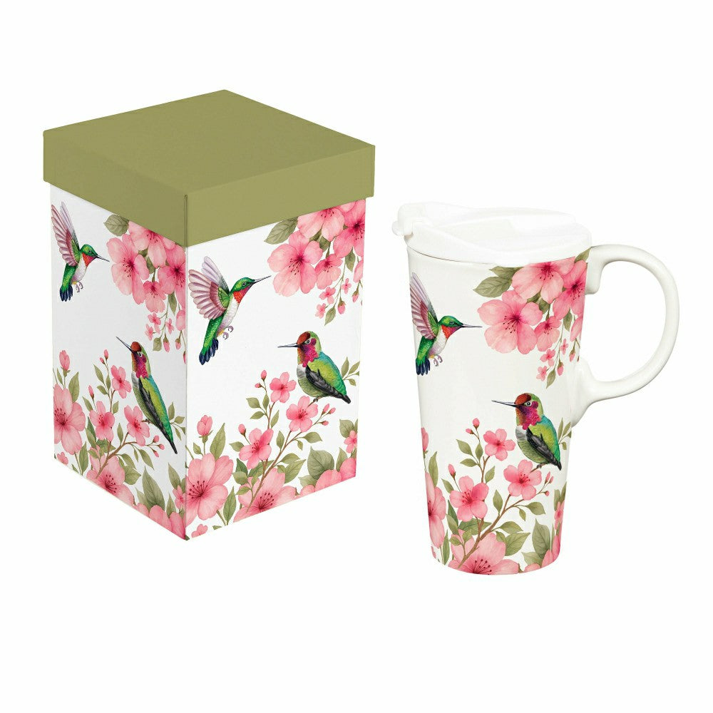 Cottage Garden Travel Cup Ceramic Perfect Cup, 17oz, Floral Hummingbir | Plow & Hearth
