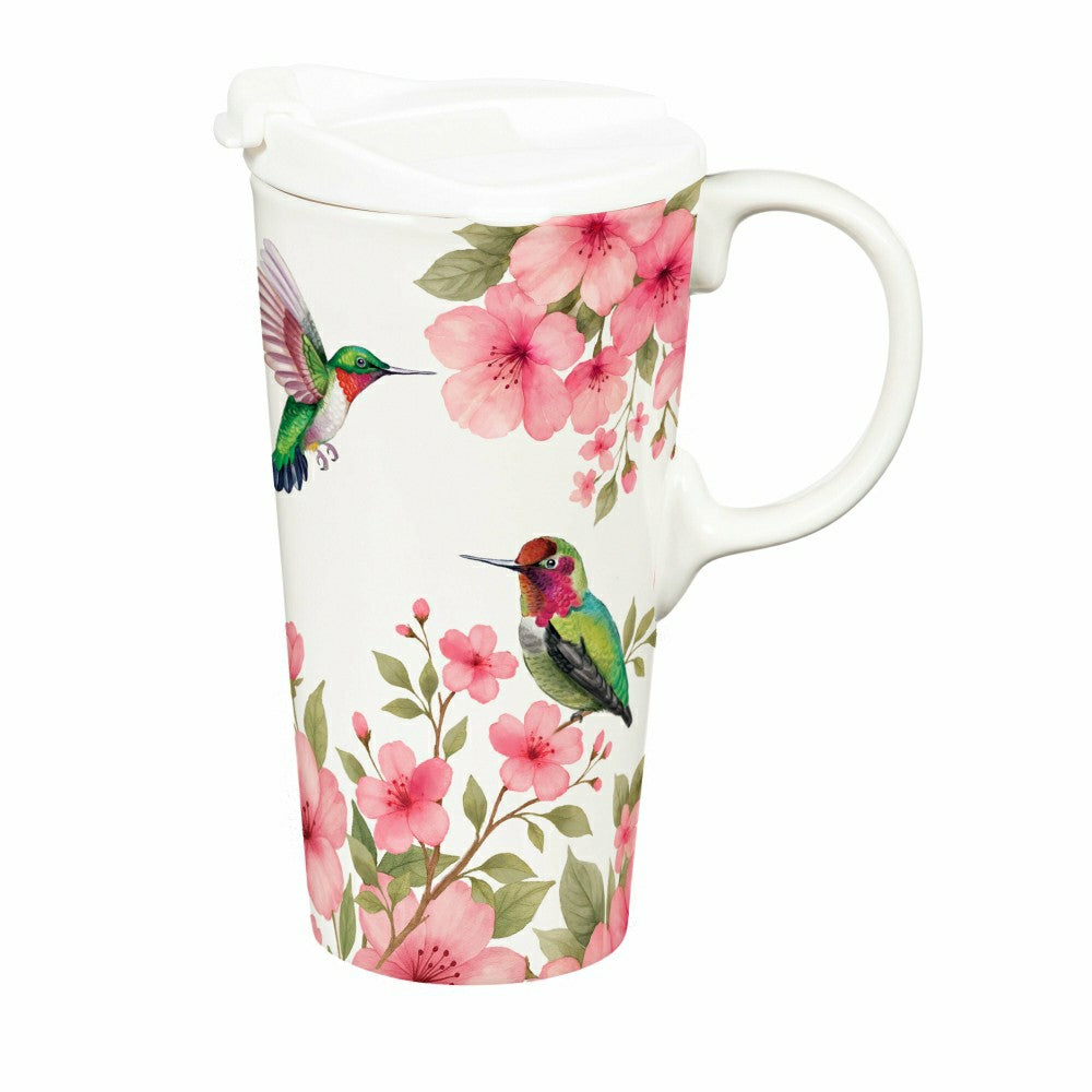 Cottage Garden Travel Cup Ceramic Perfect Cup, 17oz, Floral Hummingbir | Plow & Hearth
