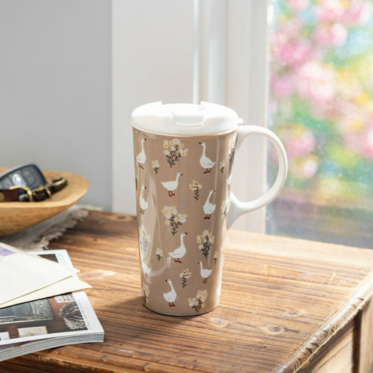 Hillside Pasture Travel Cup Ceramic Perfect Cup, Floral Goose, 17oz, G | Plow & Hearth