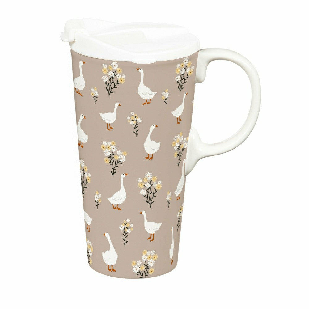 Hillside Pasture Travel Cup Ceramic Perfect Cup, Floral Goose, 17oz, G | Plow & Hearth