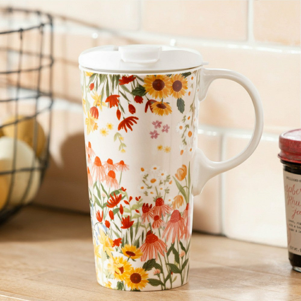 Hillside Pasture Travel Cup Ceramic Perfect Cup, Floral Field, 17oz, G | Plow & Hearth