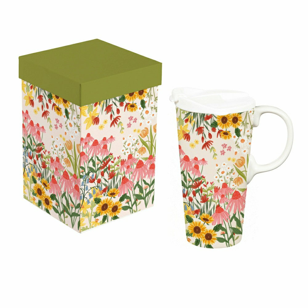 Hillside Pasture Travel Cup Ceramic Perfect Cup, Floral Field, 17oz, G | Plow & Hearth