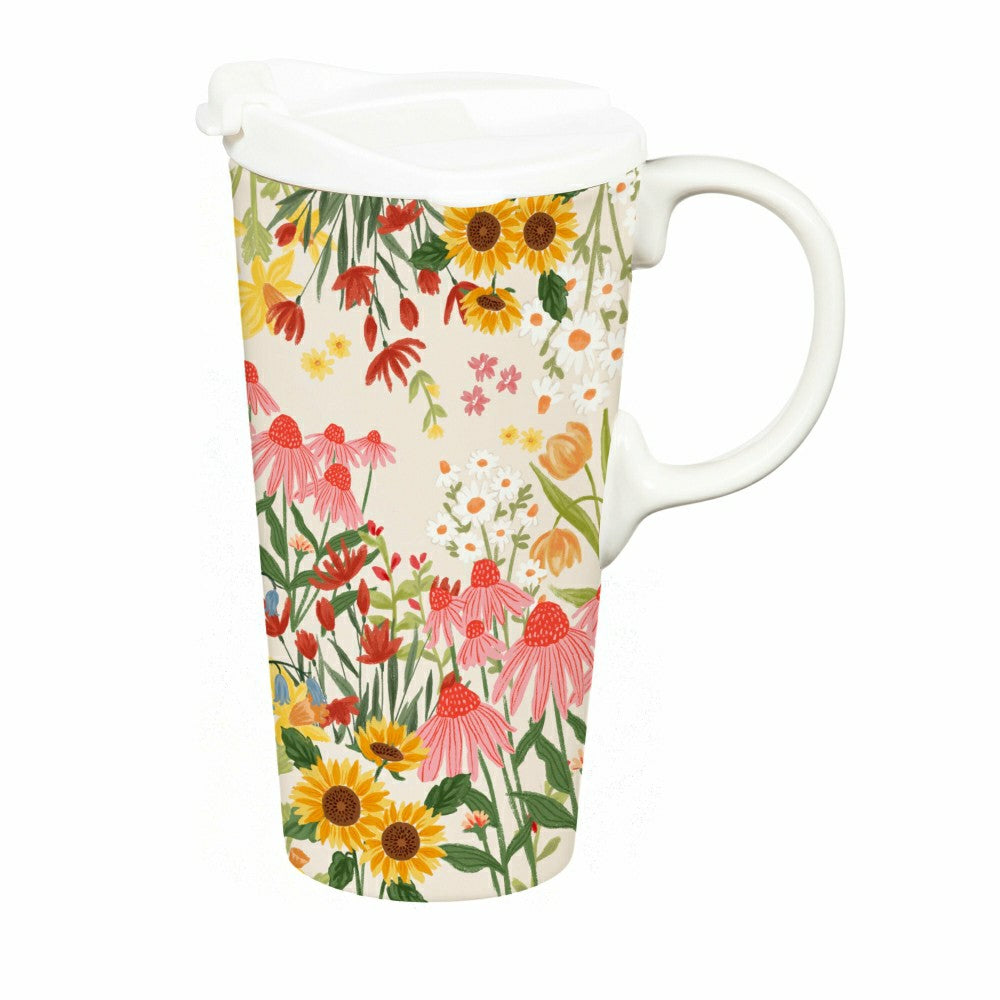 Hillside Pasture Travel Cup Ceramic Perfect Cup, Floral Field, 17oz, G | Plow & Hearth