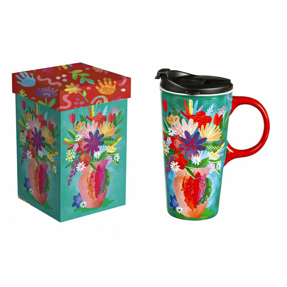 Ceramic Travel Cup, 17 oz., Flowers in Vase | Plow & Hearth