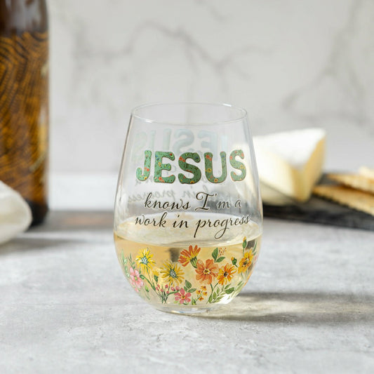 Simple Blessings Wine Glass Stemless, Jesus Knows I'm a Work in Progre | Plow & Hearth