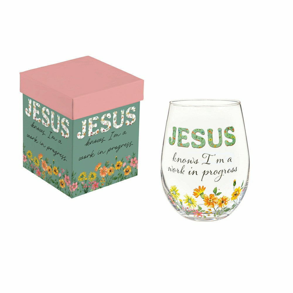 Simple Blessings Wine Glass Stemless, Jesus Knows I'm a Work in Progre | Plow & Hearth