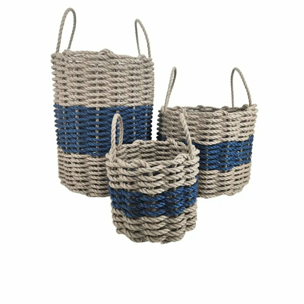 Authentic Maine Lobster Rope Storage Basket Tan and Navy Blue | Plow & Hearth