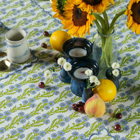 Forget-Me-Not Scallop Embroidered Blockprint Tablecloth | Plow & Hearth
