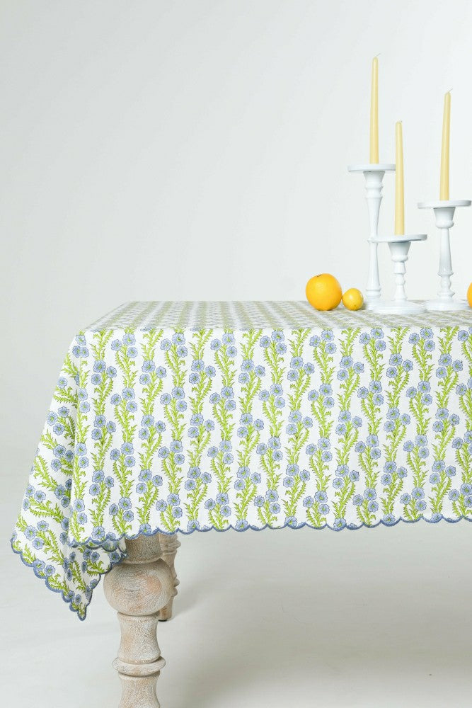 Forget-Me-Not Scallop Embroidered Blockprint Tablecloth | Plow & Hearth