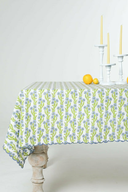 Forget-Me-Not Scallop Embroidered Blockprint Tablecloth | Plow & Hearth