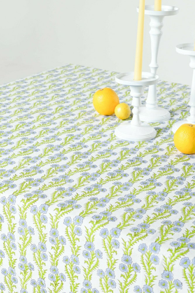 Forget-Me-Not Scallop Embroidered Blockprint Tablecloth | Plow & Hearth