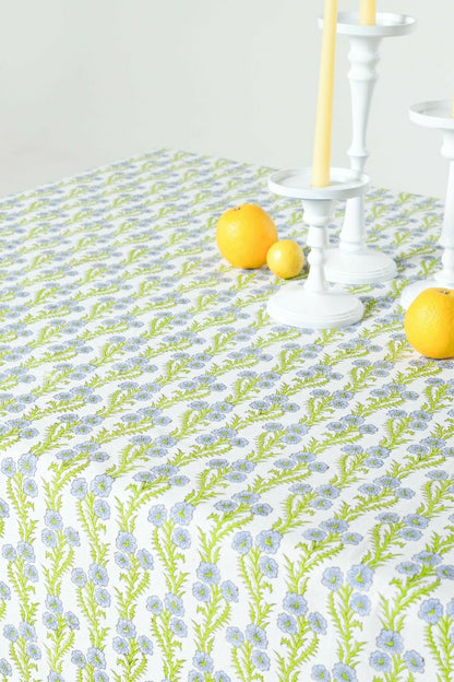 Forget-Me-Not Scallop Embroidered Blockprint Tablecloth | Plow & Hearth