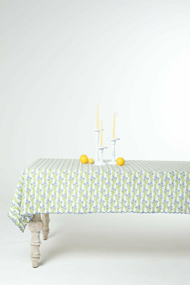 Forget-Me-Not Scallop Embroidered Blockprint Tablecloth | Plow & Hearth
