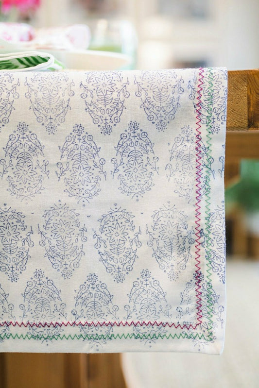 Table Runner - Vara, Navy with Pink & Green Stitching | Plow & Hearth