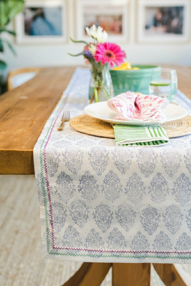 Table Runner - Vara, Navy with Pink & Green Stitching | Plow & Hearth