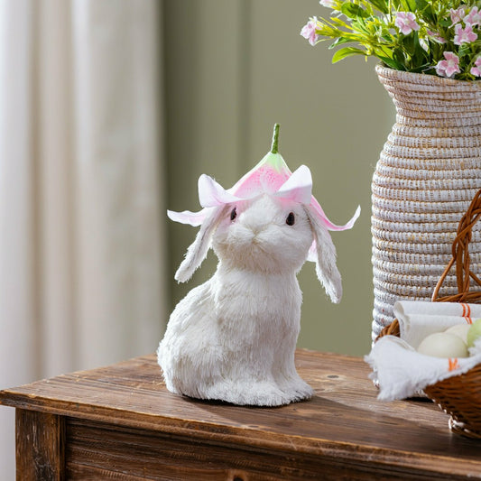 Hop Into Spring Table Decor Natural Fiber Bunny with Flower Hat, 10"H | Plow & Hearth