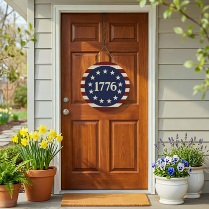 Red White & Bloom Wood Round Door Décor, 1776, 18" | Plow & Hearth