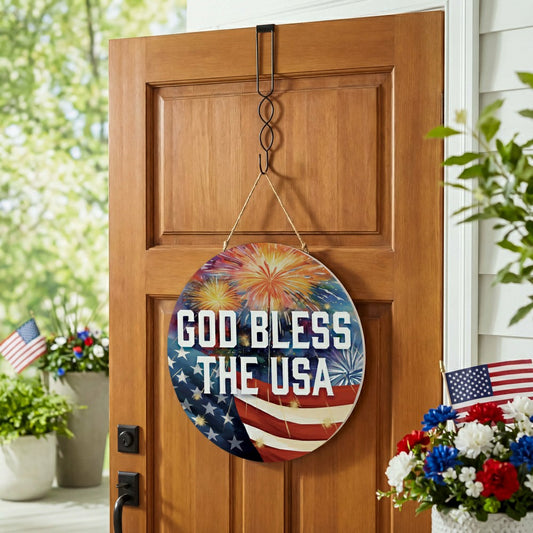 Red White and Bloom Wood Round Door Décor, "God Bless The USA", 18" | Plow & Hearth