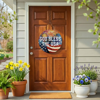 Red White and Bloom Wood Round Door Décor, "God Bless The USA", 18" | Plow & Hearth