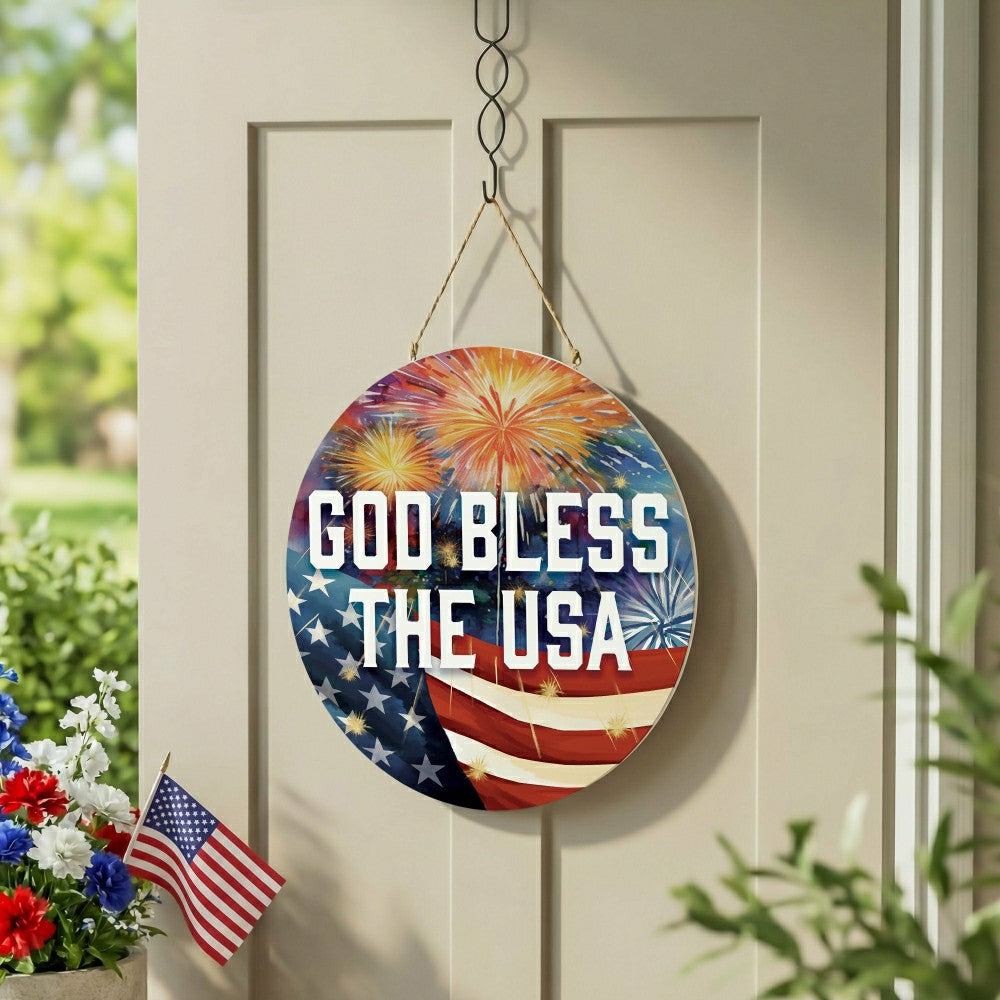 Red White and Bloom Wood Round Door Décor, "God Bless The USA", 18" | Plow & Hearth