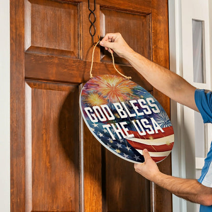 Red White and Bloom Wood Round Door Décor, "God Bless The USA", 18" | Plow & Hearth