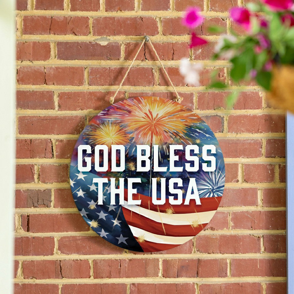 Red White and Bloom Wood Round Door Décor, "God Bless The USA", 18" | Plow & Hearth