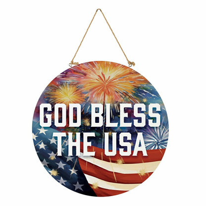 Red White and Bloom Wood Round Door Décor, "God Bless The USA", 18" | Plow & Hearth