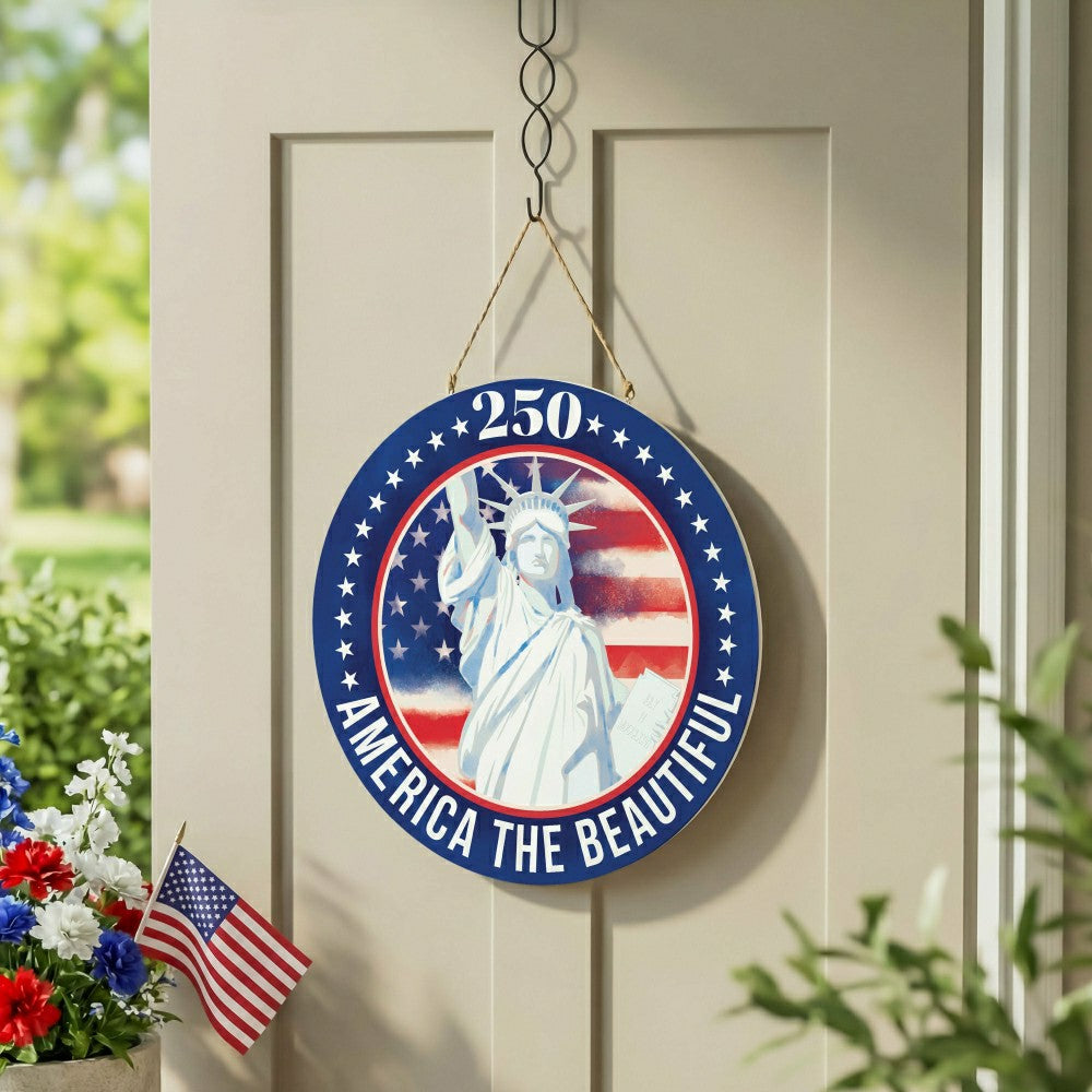 Red White & Bloom Wood Round Door Décor, 18" | Plow & Hearth