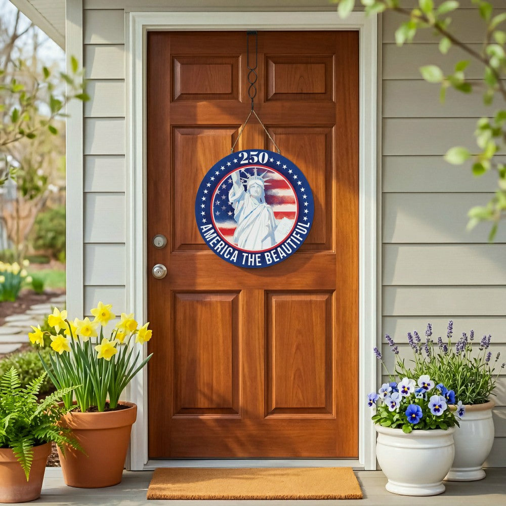 Red White & Bloom Wood Round Door Décor, 18" | Plow & Hearth