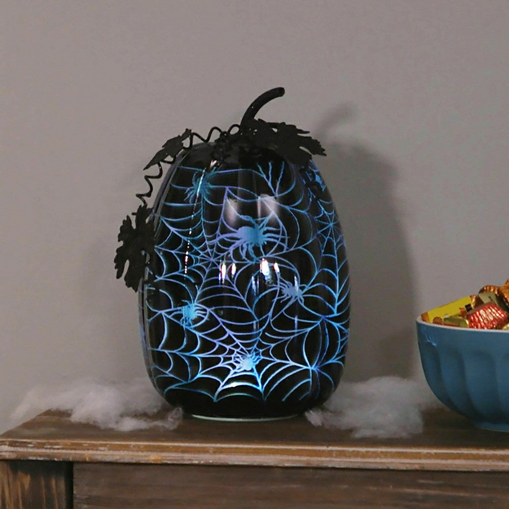 Mercury Glass Lighted Pumpkin Halloween Accent, Blue Spider Web | Plow & Hearth