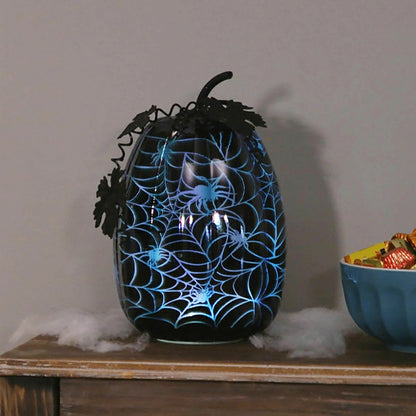 Mercury Glass Lighted Pumpkin Halloween Accent, Blue Spider Web | Plow & Hearth