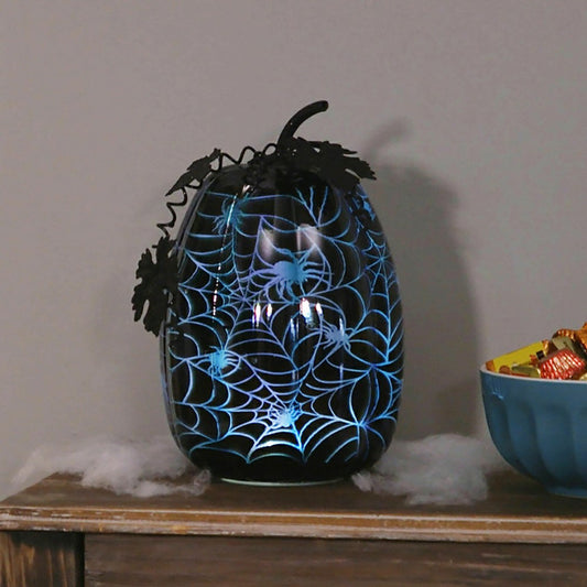 Mercury Glass Lighted Pumpkin Halloween Accent, Blue Spider Web | Plow & Hearth