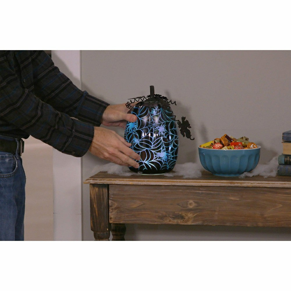 Mercury Glass Lighted Pumpkin Halloween Accent, Blue Spider Web | Plow & Hearth