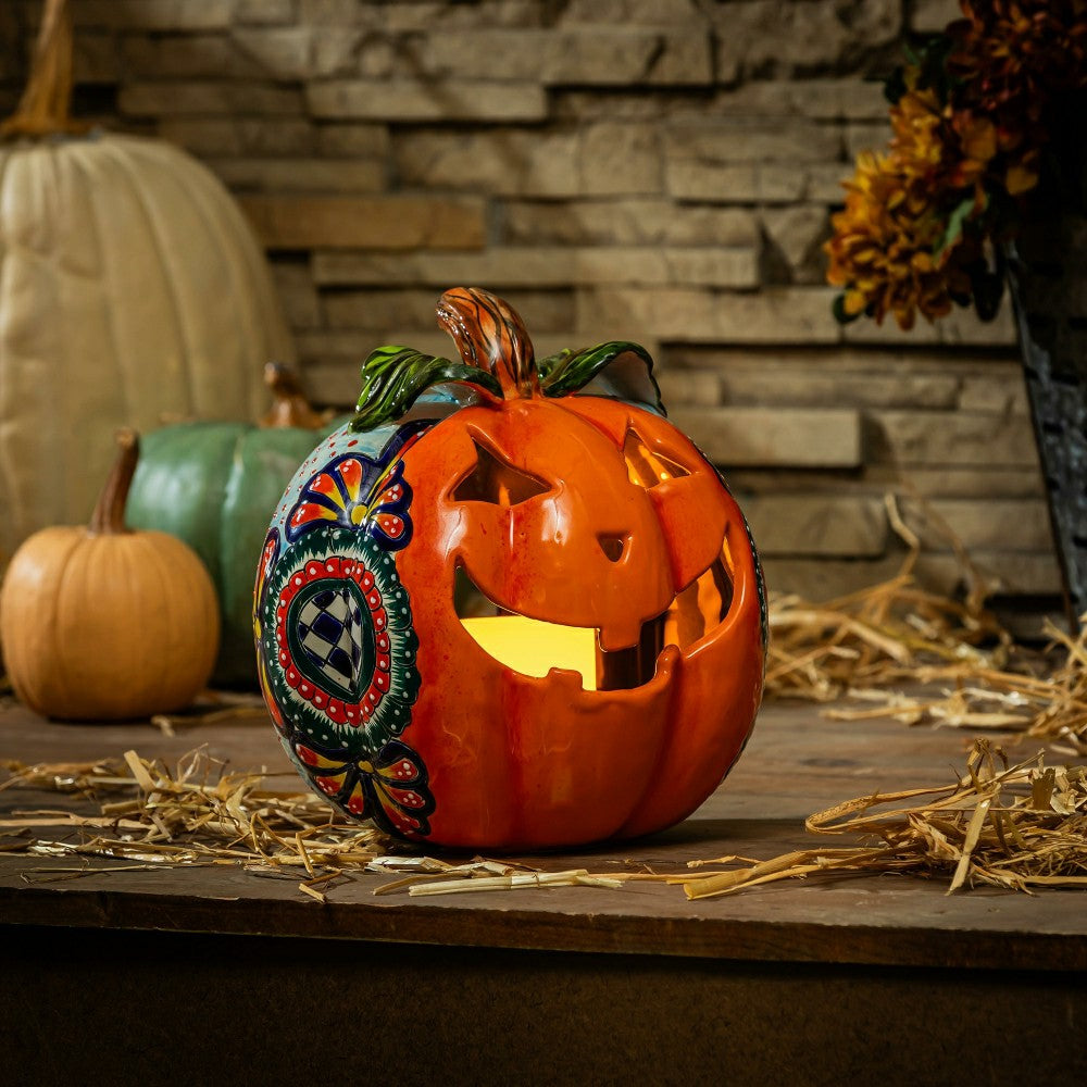 10" Talavera Checkered Flower Ceramic Pumpkin, Small | Plow & Hearth