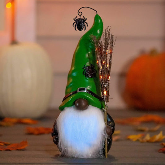 Lighted Witch Gnome Statue with Spider Hat | Plow & Hearth