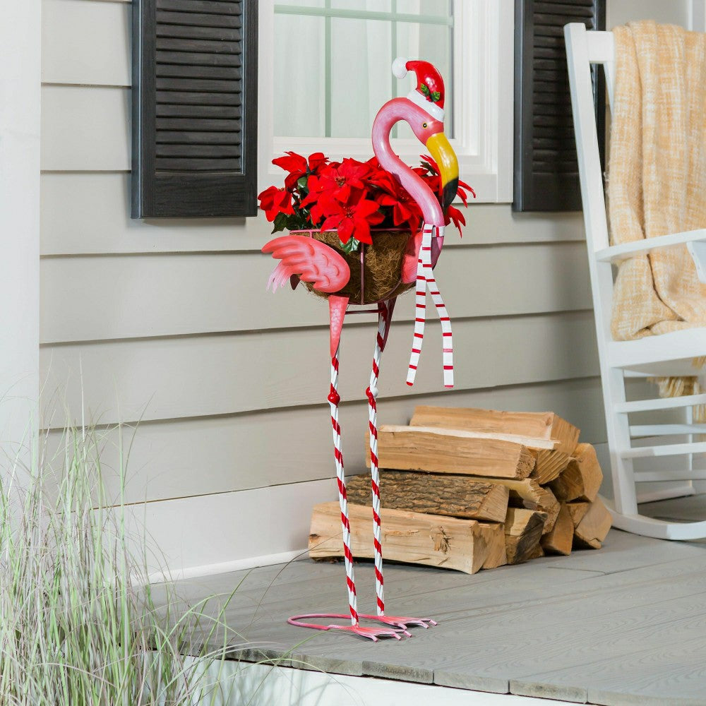 Metal Winter Flamingo Planter with Santa Hat, 39"H | Plow & Hearth