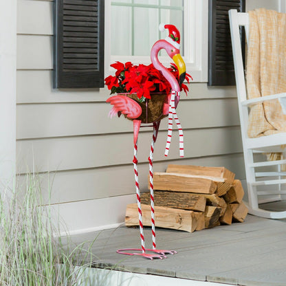 Metal Winter Flamingo Planter with Santa Hat, 39"H | Plow & Hearth