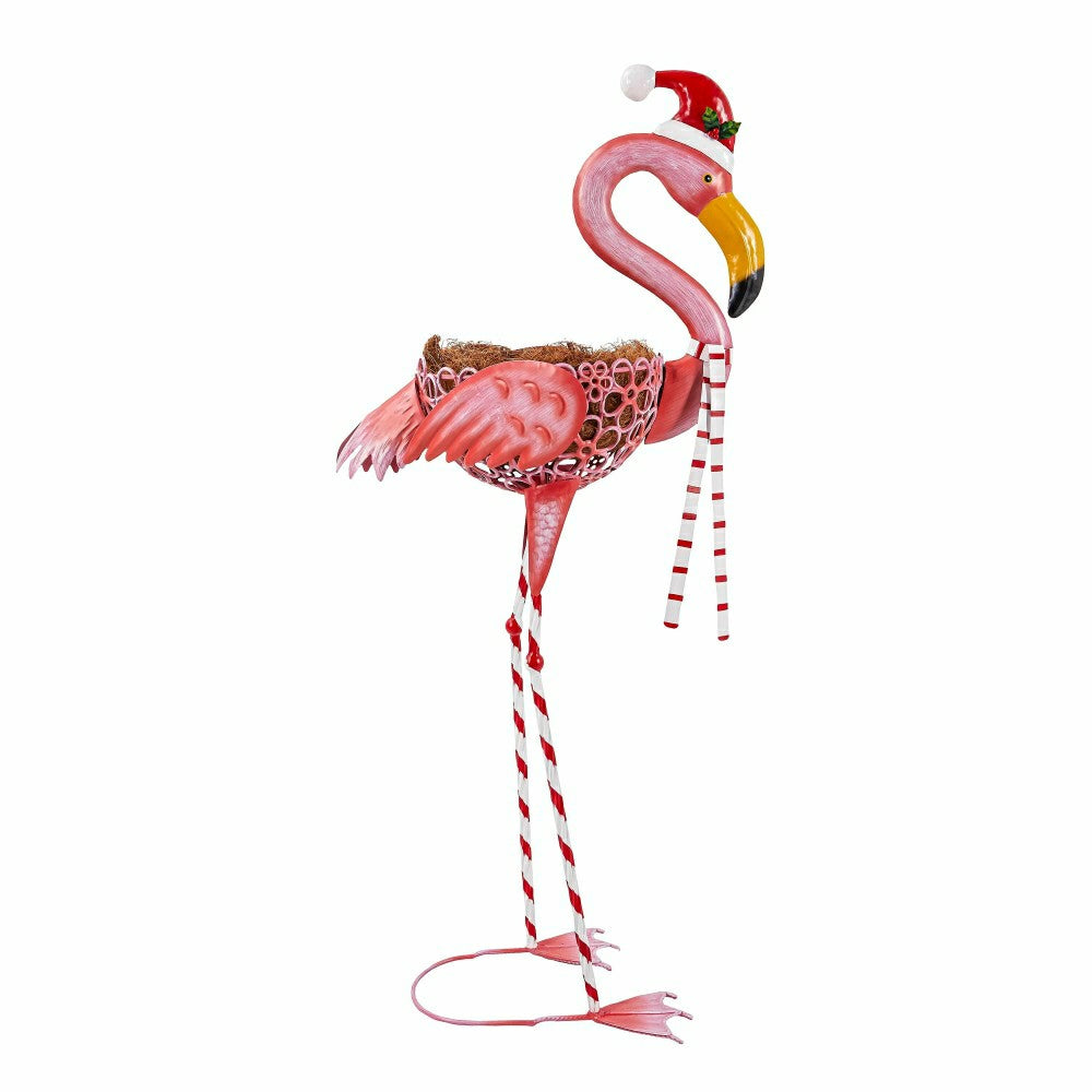 Metal Winter Flamingo Planter with Santa Hat, 39"H | Plow & Hearth