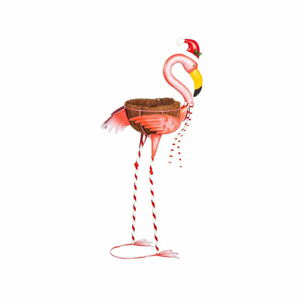 Metal Winter Flamingo Planter with Santa Hat, 39"H | Plow & Hearth