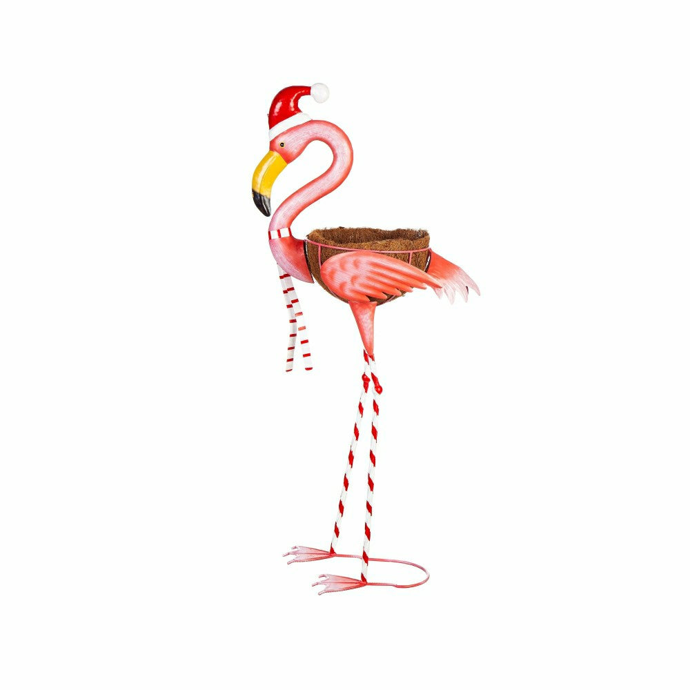 Metal Winter Flamingo Planter with Santa Hat, 39"H | Plow & Hearth
